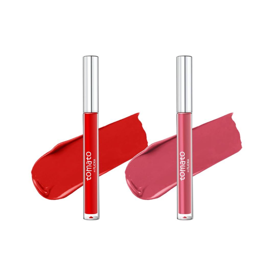 FLiCKA Tomato Liquid Matte Lipstick Transfer Proof, Smudge Proof, Non-Sticky, Creamy Lightweight Shade 6 & Shade 10 Combo|Bright Red & Purple