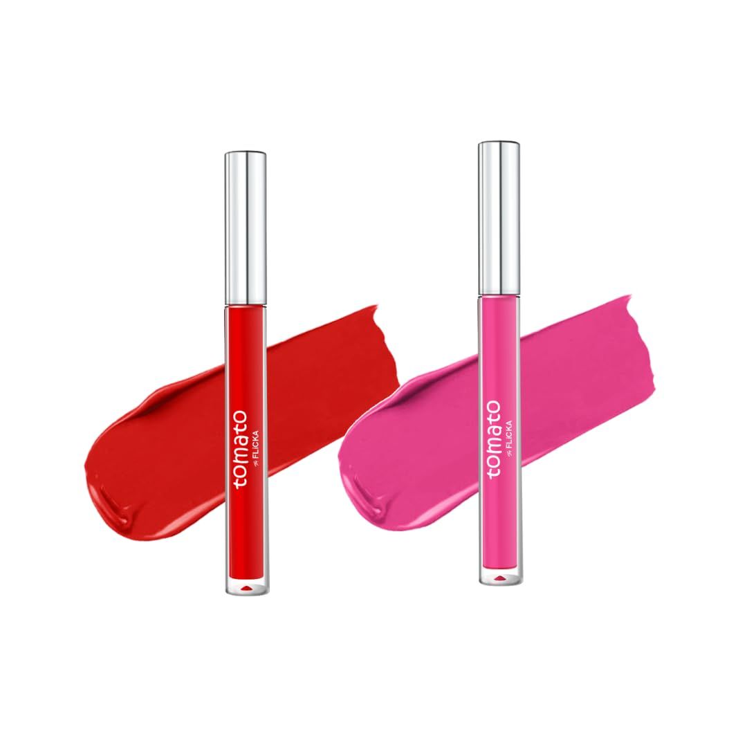 FLiCKA Tomato Liquid Matte Lipstick Transfer Proof, Smudge Proof, Non-Sticky, Creamy Lightweight Shade 6 & Shade 8 Combo|Bright Red & Pink