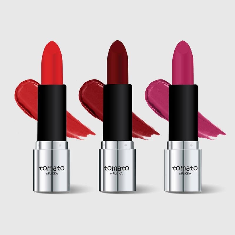 FLiCKA Tomato Bullet Matte Lipstick (Pack Of 3) | Hydrating, Moisturizing, Upto 6Hrs Long Lasting| Transfer & Smudge Proof Lipsticks For Women, Shade - 12