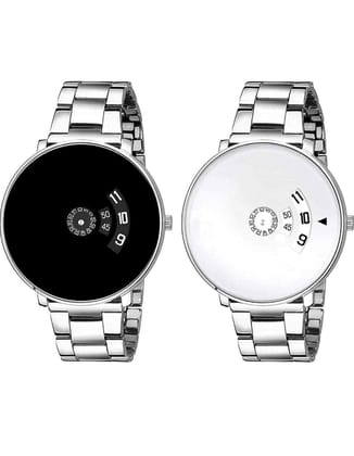 Exelent Analogue White & Black Dial Stainless Steel Strap Watch for Men's -Watch Combo Set