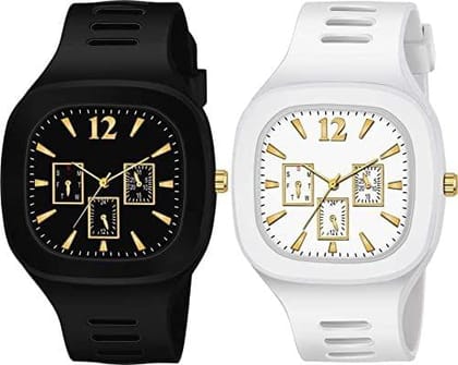 Exelent Silicon Strap Analog Combo Watch- for Men & Boys Black & White