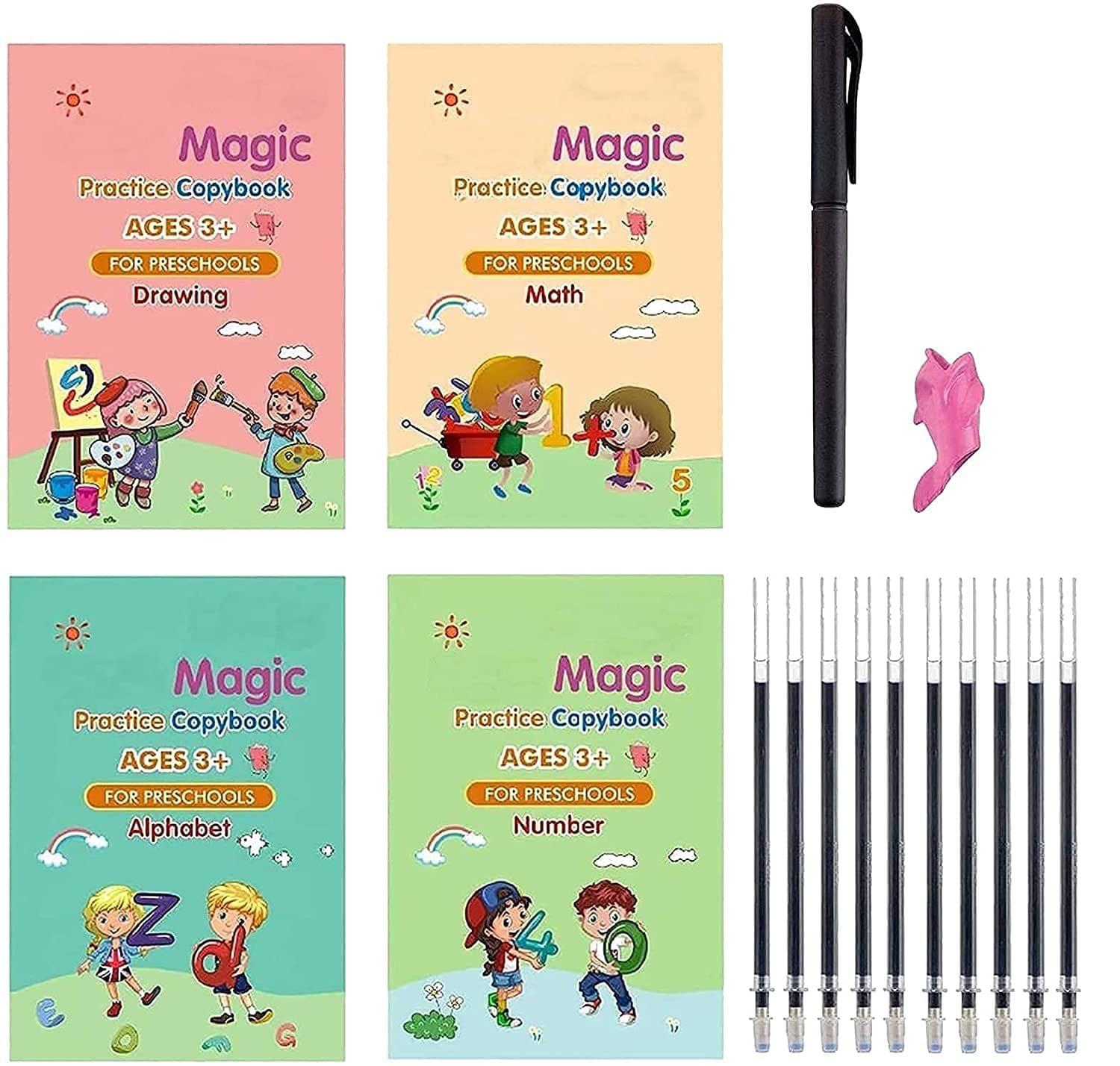 Exelent Sank Magic Practice Copybook, (4 BOOK + 10 REFILL+ 1 Pen +1 Grip) Number Tracing Book for Preschoolers with Pen, Magic Calligraphy Copybook Set Practical Reusable Writing Tool