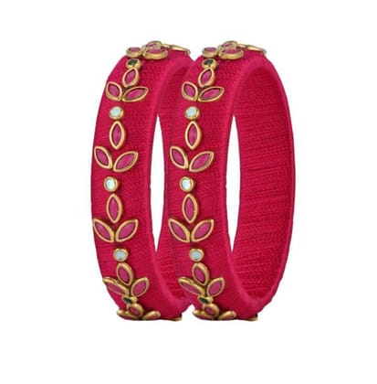 Pink Silk Thread Bangle Set with Kundan and Pearl Work for Women