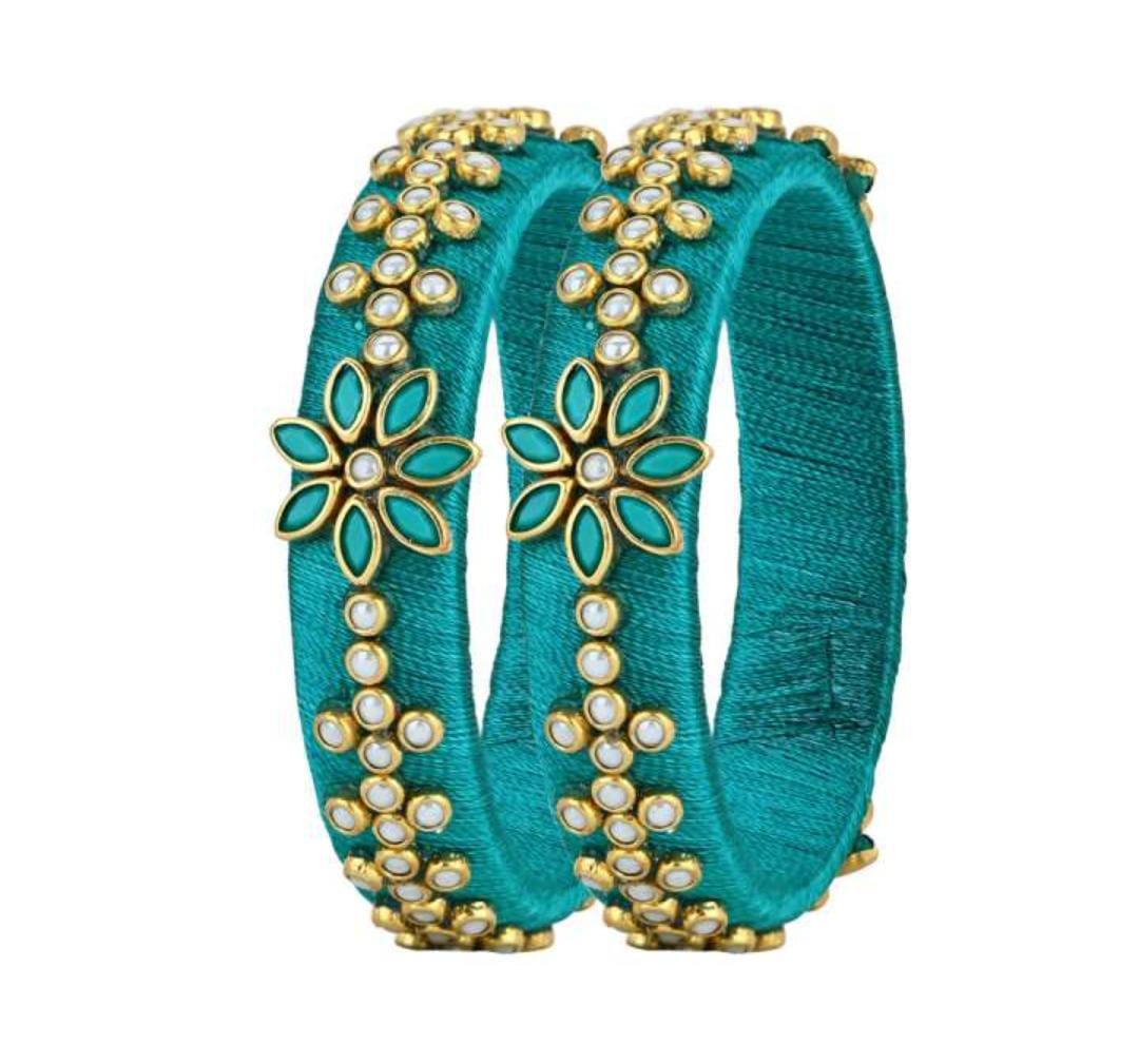  Green Silk Thread Bangle Set with Pearl and Kundan Flower Design