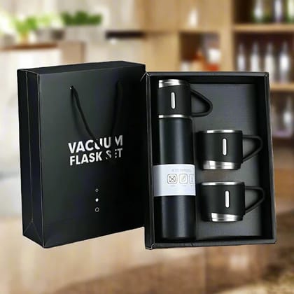 Stainless Steel Vacuum Flask Set with 3 Steel Cups Combo for Coffee Hot Drink and Cold Water Flask Ideal Gifting Travel Friendly Latest Flask Bottle. 500ml