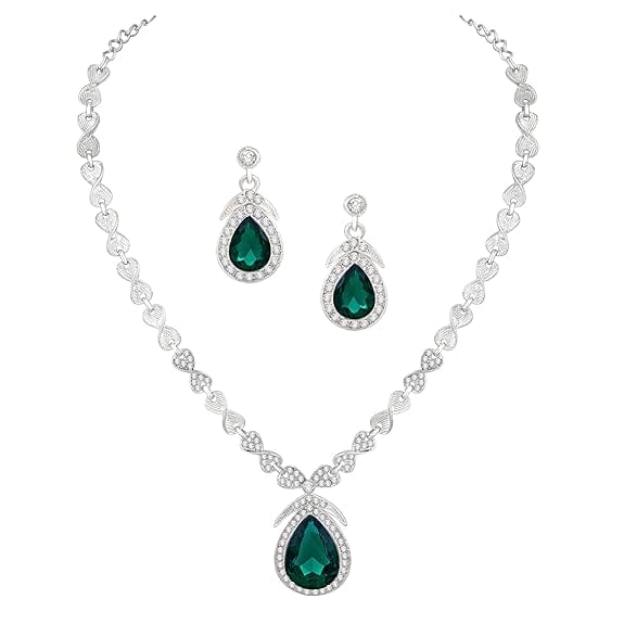  **Stunning Silver Teardrop Necklace and Earrings Set with Green Crystals**