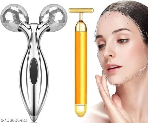 Gold & Silver 2 Pack Anti Aging T Shape Facial Electric Face Massager Beauty Bar  Golden Facial Massager & 3D Roller Massager Kit Skin Care Tools for Face Pull Tight Lift