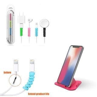 Spiral Charger Cable Cord Protector (4 Piece) with Universal Phone Pyramid Shape Holder Mobile Stand (1 Piece)