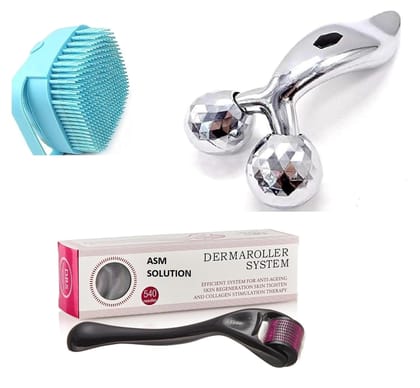 (COMBO PACK-OFFER) 3d Manual Face Massager & Derma Roller 0.5mm, For Hair Regrowth & BathBrush For Women | Facial Massager & Face Roller For Glowing Skin