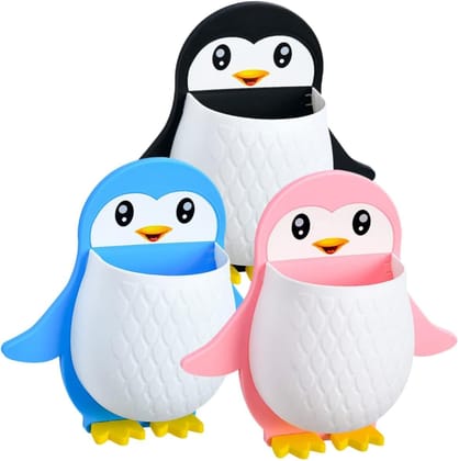 Toothbrush Holder Storage Organizer for Bathroom Wall Mounted Penguin Shape with Self Adhesive Stick Multipurpose Wall Shelves Plastic (Set of 3 Pcs)