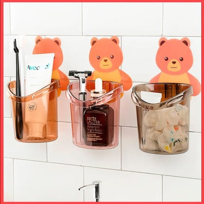 Toothbrush Holder (Set of 3 Pcs) Plastic Stand for Toothpaste, Comb, Brush, Cream, Lotion Kids Bathroom Cup Drain Waterproof Self-Adhesive, Teddy Bear