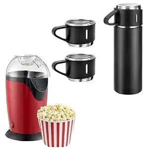 𝐂𝐨𝐦𝐛𝐨 C1290 Automatic Popcorn Machine 1200W 1 L Popcorn Maker & Latest Stainless Steel Vacuum Flask and Flask Set | 3 Steel Cups with Flask Combo | Size-500ML