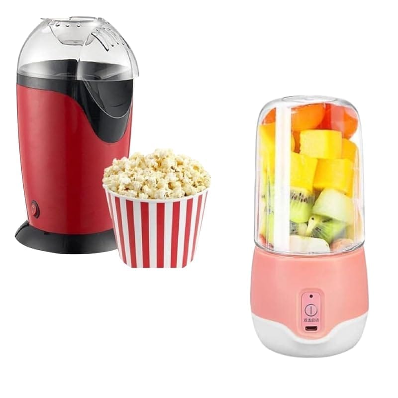 𝐂𝐨𝐦𝐛𝐨 Electric Mini Hot Air Popcorn Maker, Tabletop Kettle Snack Maker for Home Use & Electric Portable Juice Maker, 4-Blade Juicer for Smoothies, Juices, and Shakes