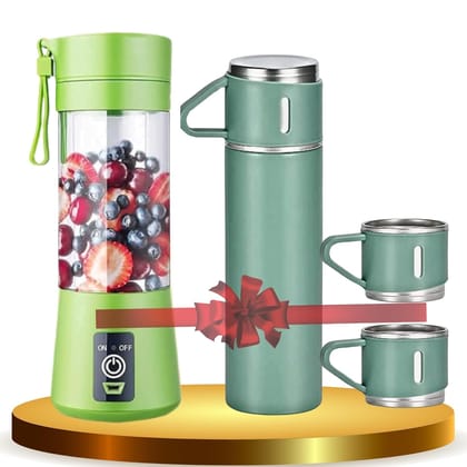 Combo, Portable JUICER Mixer Blender Cup(USB Rechargeable,380 ML) and VACCUM Flask Set,500ml,Hot and Cold Bottle, Corporate and Christmas Gifts for Employees, Best for Travel,Random Color