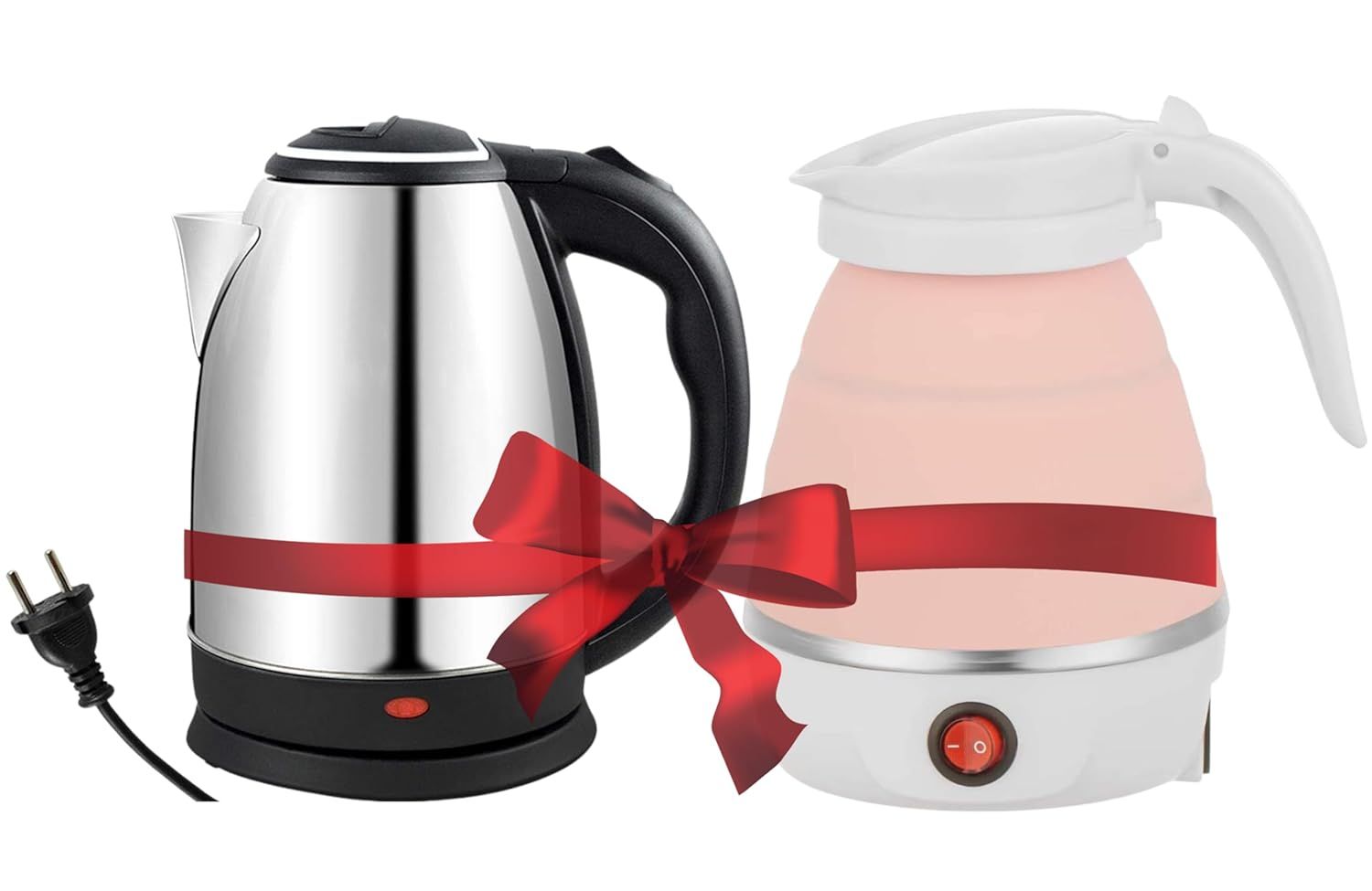 Combo Pack Electric Stainless Steel Kettle 1.8 Ltr And Silicon Foldable Electric Kettle 600Ml(Any Assorted Colour) For Travel And Gifting - 1500 Watt