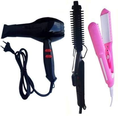 Professional 1500 Watts Black Hair Dryer And 16B Hair Curler With 2 in1 Hair Straightener Combo Set Of 3 For Womens