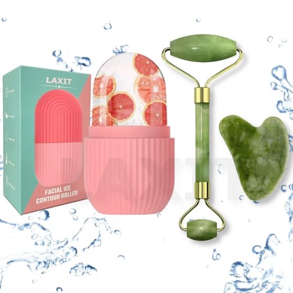 Face Stone Jade Roller Massager with Gua Sha Stone And Ice Roller Set Facial Roller 100% Natural Stone Jade Roller For Skin Eye Neck Body Ice Cube Roller Women Men Beauty Silicone Reusable