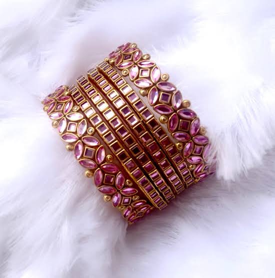  Exquisite Pink Bangle Set with Gold Plating and Stone Detailing