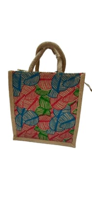 Jute tote bag with colorful leaf print, perfect for carrying your essentials in style.