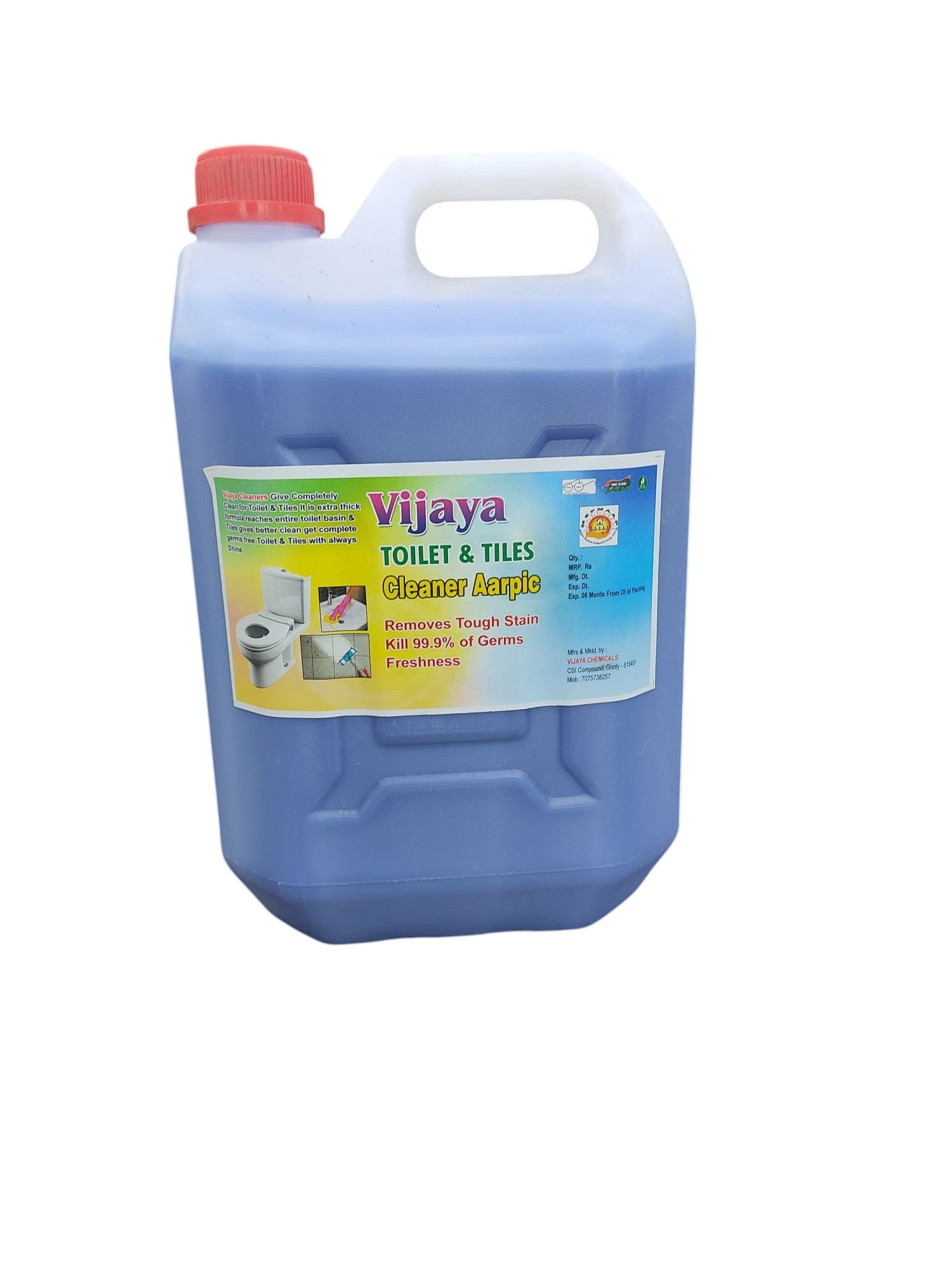 The SEO optimized title for the product image is:"Vijaya Toilet & Tiles Cleaner - 5L"This extra-thick formula is designed to reach every nook and cranny of your toilet and tiles