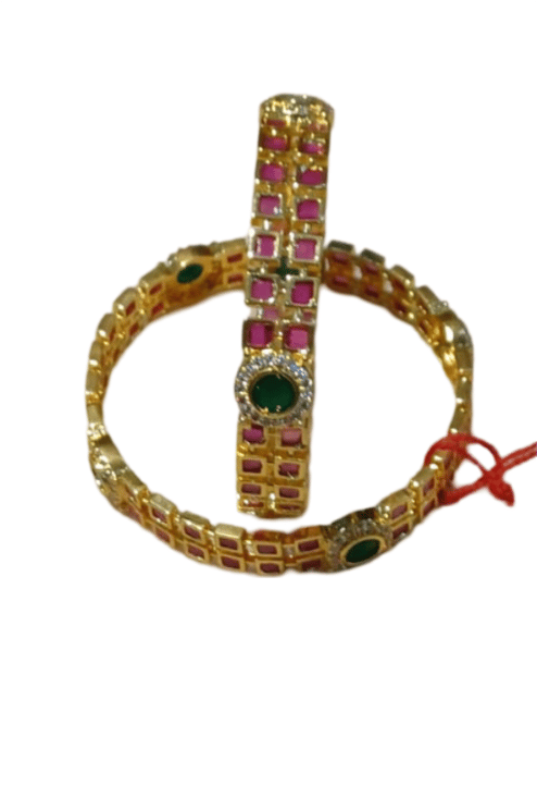  Gold Plated Pink and Green Bangle Set with Cubic Zirconia Stones