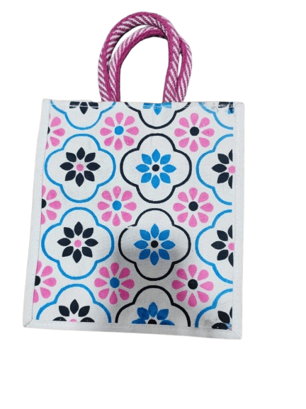 Hand Crafted Jute Tote Bag with Vibrant Floral Print and Reinforced Handles