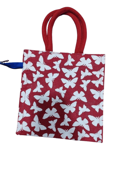 Red and White Butterfly Jute Tote Bag