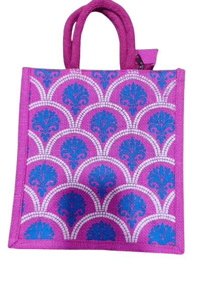  Pink and Blue Printed Jute Bag with Zipper and Handles