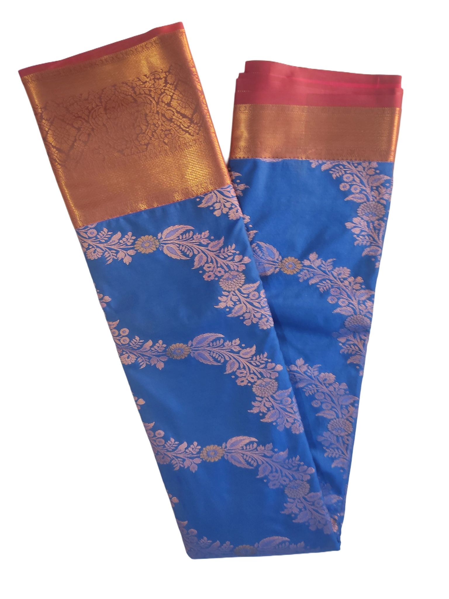  Blue Saree With Golden And Pink Floral Brocade Work