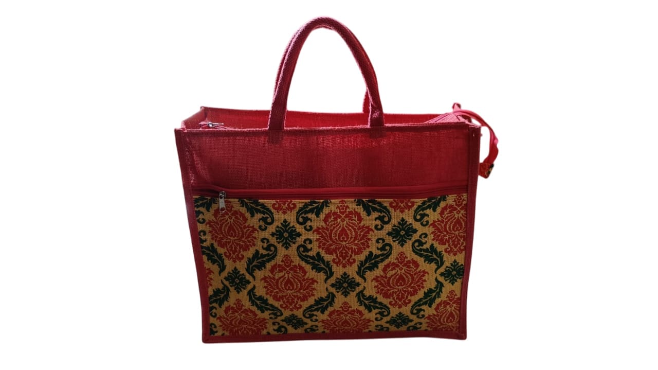 Red and Green Jute Tote Bag with Zipper and Front Pocket