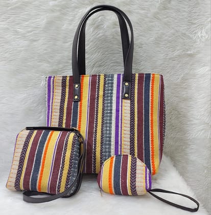  Striped Canvas Tote Bag with 2 Pouches, Brown Handles