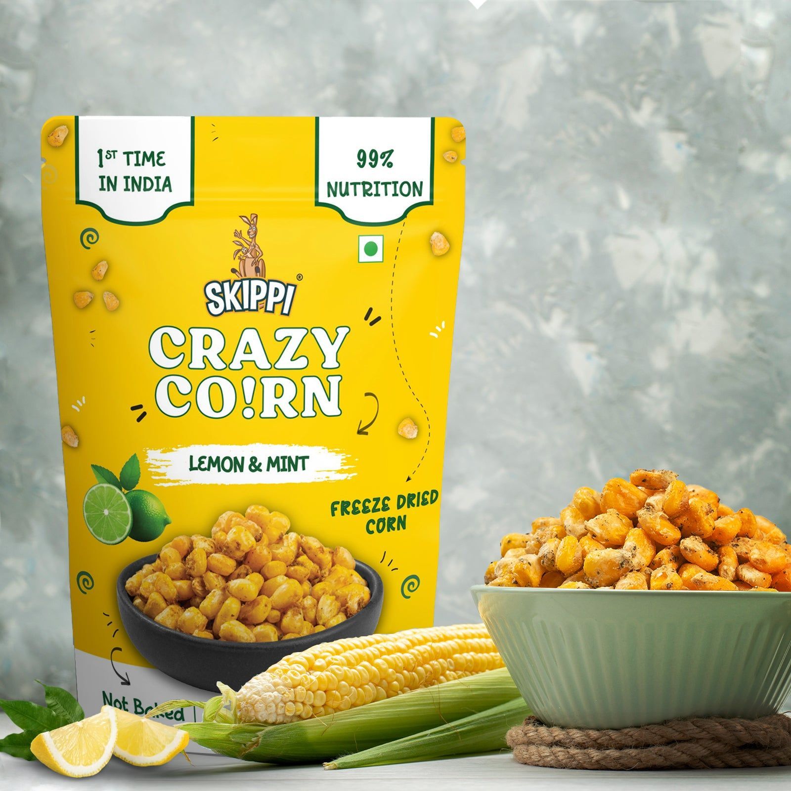 Lemon & Mint Skippi (2 Packs) Crispy Crazy Corn Kernels, Freeze Dried Sweet Corn in Pack of 2