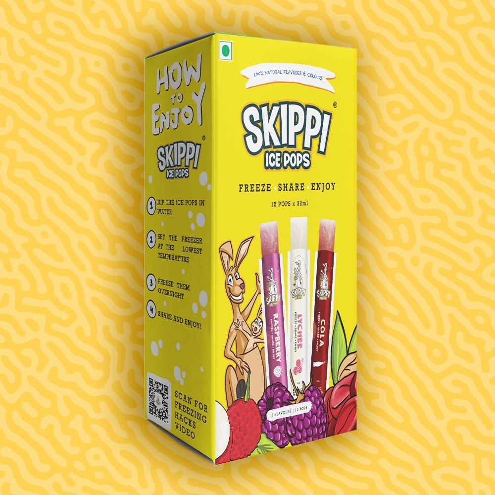 Yellow box of Cola, Lychee, Raspberry Flavor small pack of 12 Skippi Natural Ice Pops of 32 ml 4 sets of 3 flavors