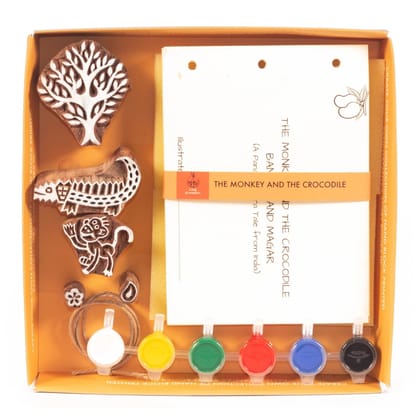 DIY Wooden Block Printing Craft kit Print your own Panchtantra Story book Magar & Bandar