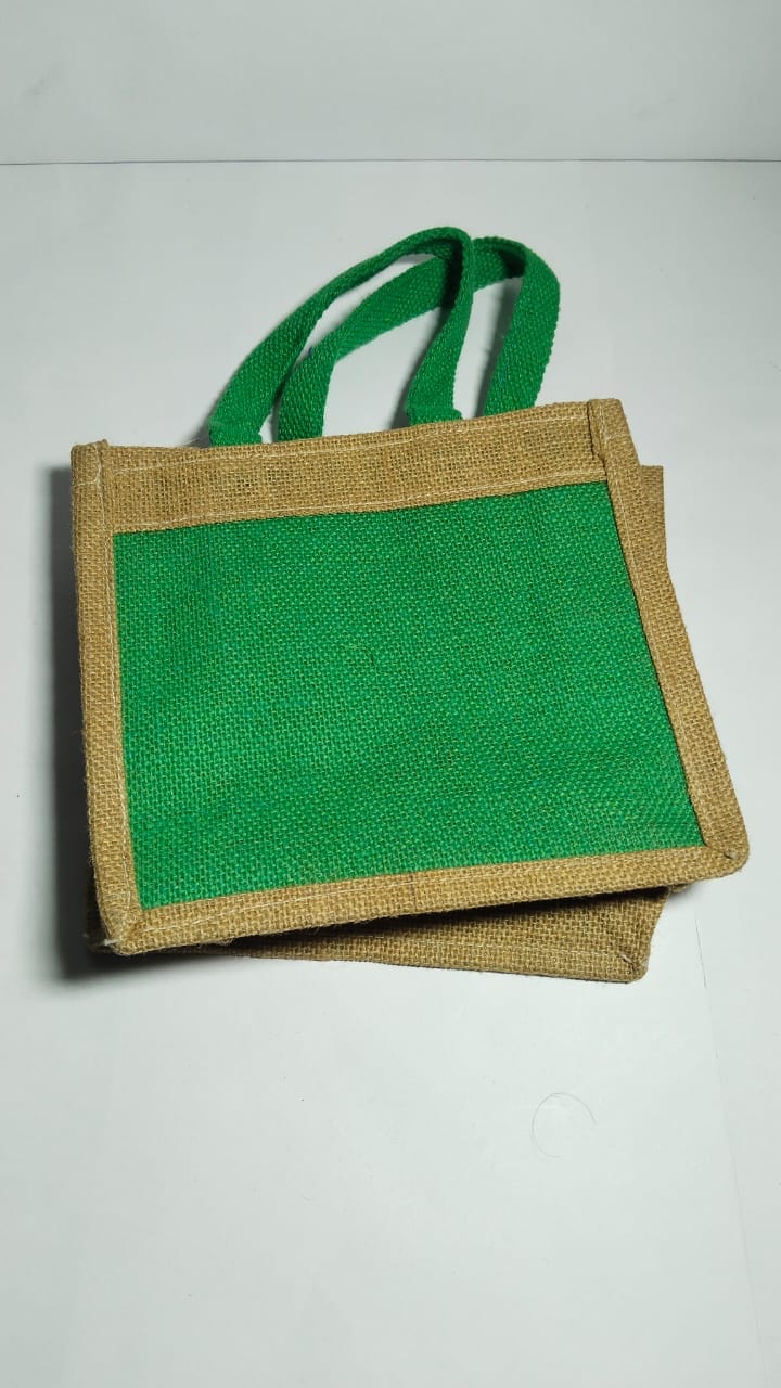 Green Burlap Tote Bag with Brown Trim