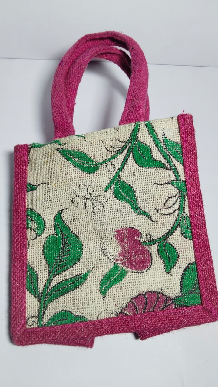 Small Floral Jute Bag with Pink Trim