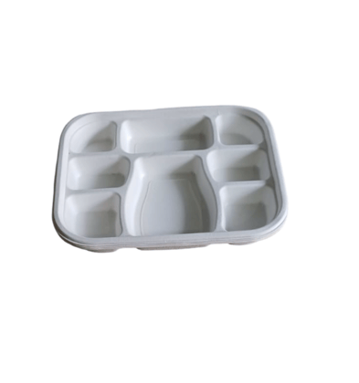 Compostable 9-inch sugarcane fiber clamshell container with 7 compartments