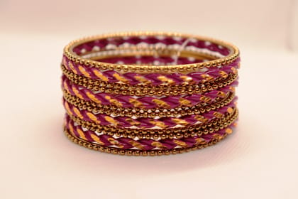  "Exquisite Fuchsia and Gold Bangle Set - Perfect for Traditional Indian Attire"