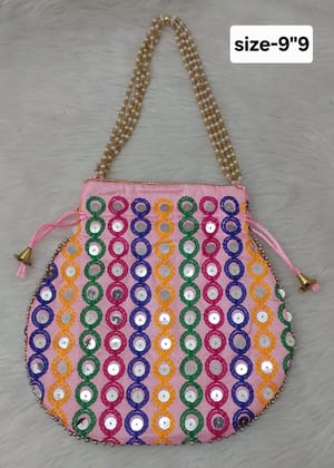  Pink Hand Embroidered Potli Bag with Pearl Handle