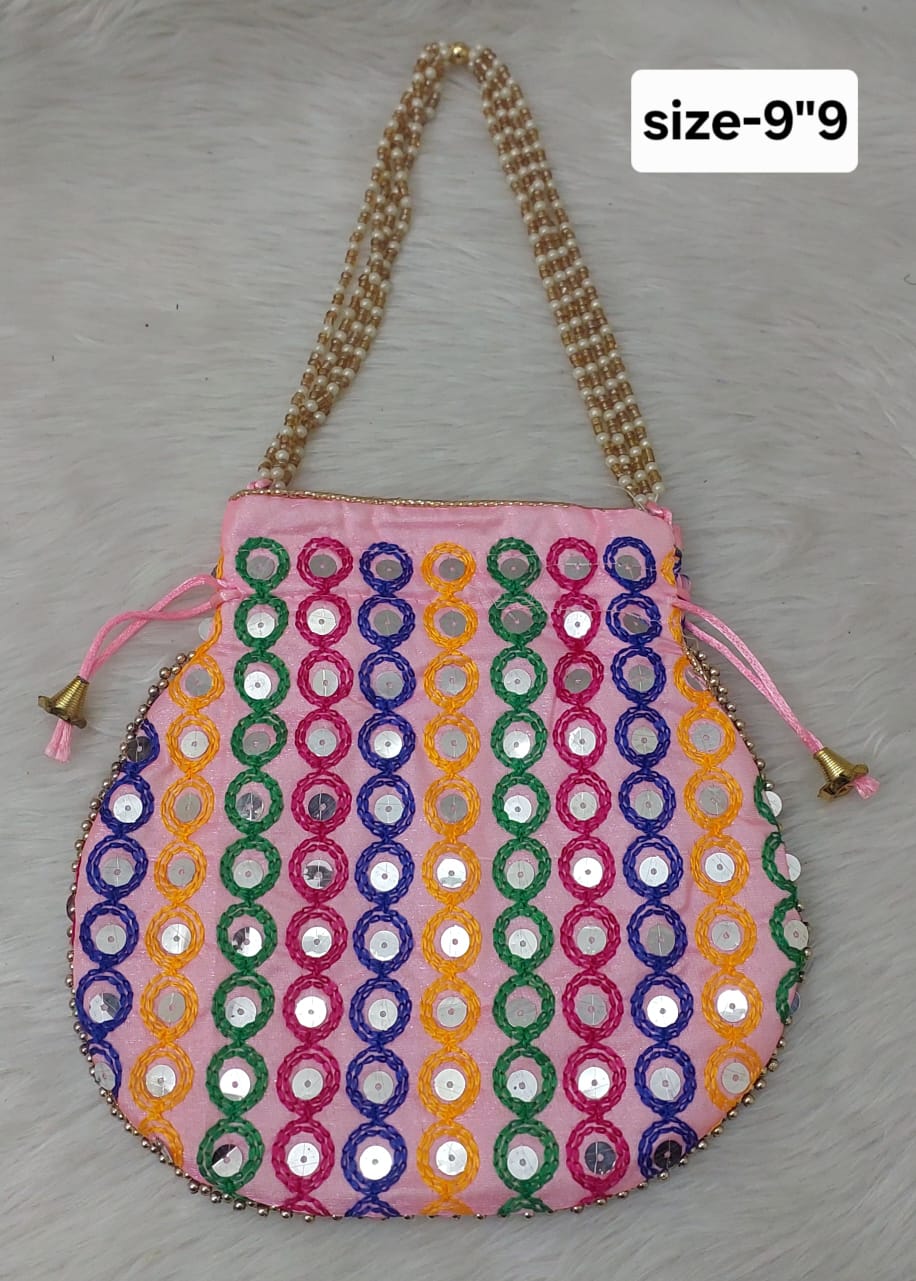  Pink Hand Embroidered Potli Bag with Pearl Handle