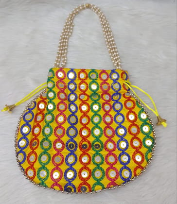 Yellow Hand Embroidered Potli Bag with Pearl Handle