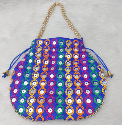 Purple Hand Embroidered Potli Bag with Pearl Handle and Colorful Sequin Work