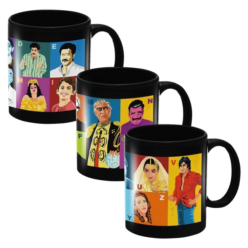 Designer Ceramic Mug-Bollywood Characters A to Z Design-By EqualLife -EL7222133 - Black - Set of 3