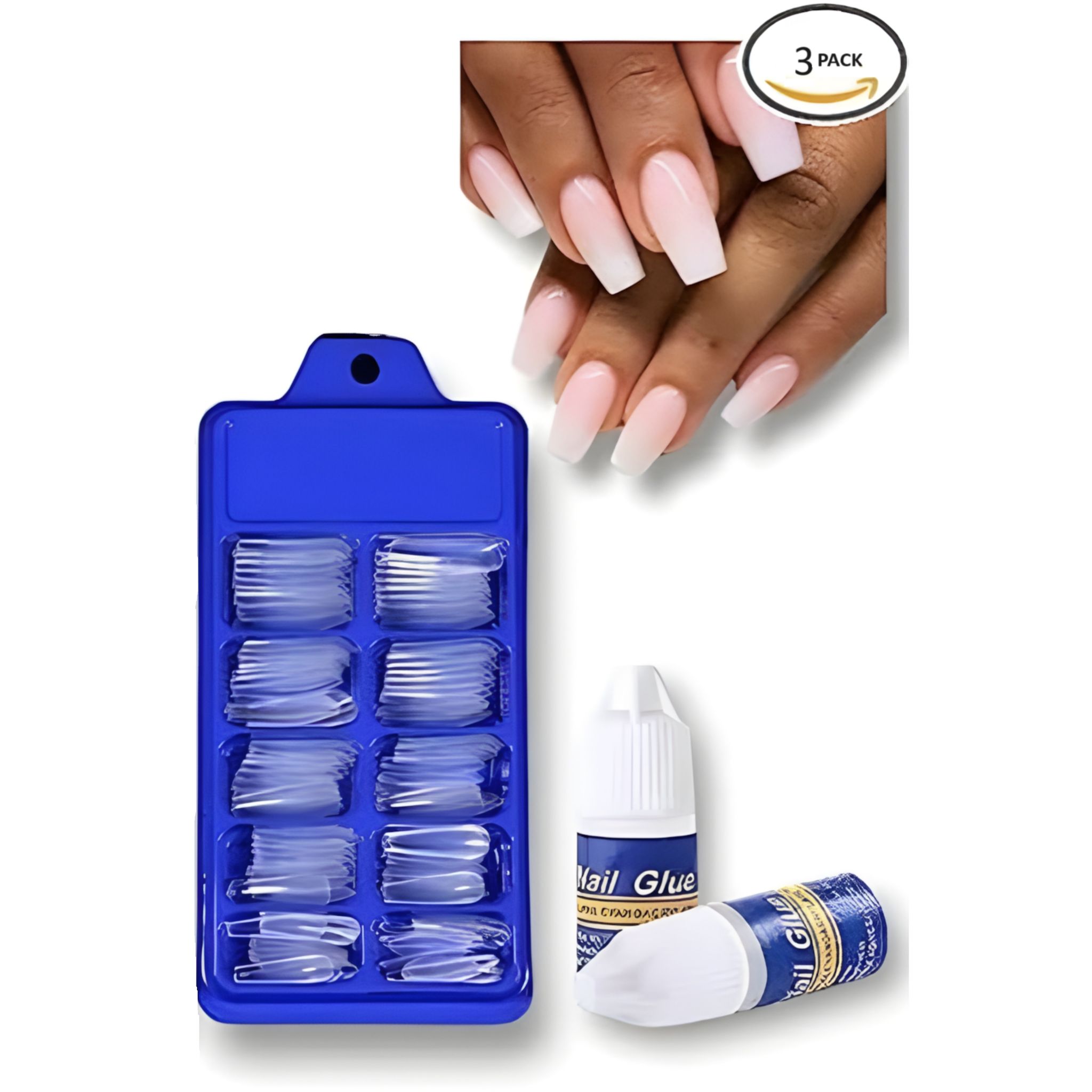 Professional 100 -Piece Artificial Nails Set - 100 Transparent with 2 Nail Glue Combo - Nail Salon Quality