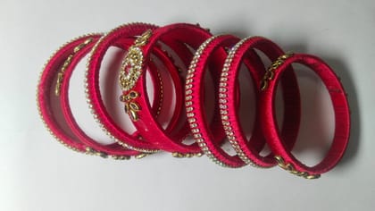 Red Silk Thread Bangle Set with Rhinestone and Beads