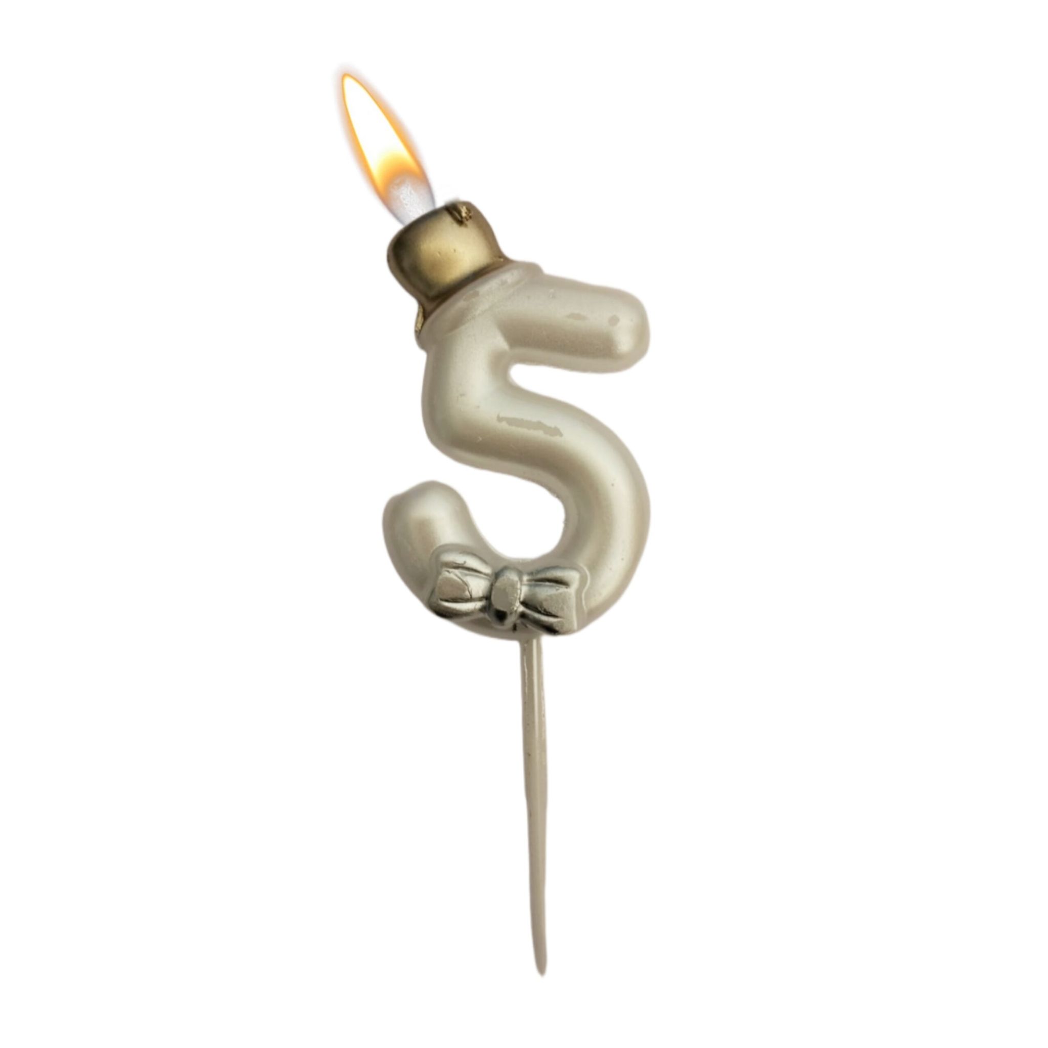 Wanna Party Metallic White Numerical Candle 5 with Golden Hat