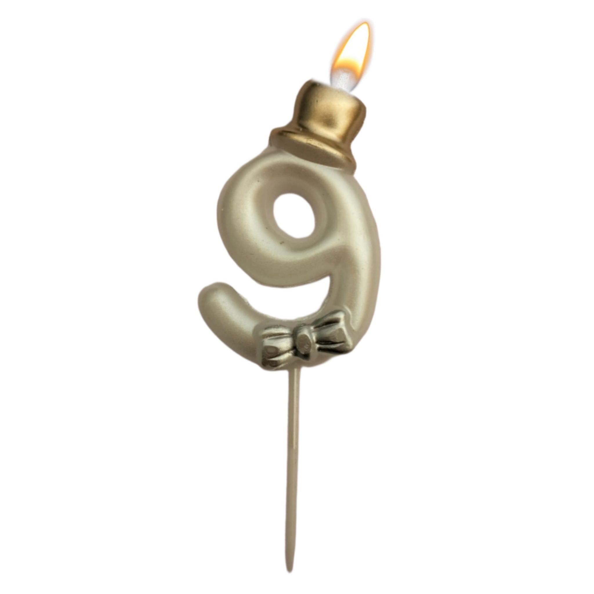 Wanna Party Metallic White Numerical Candle 9 with Golden Hat