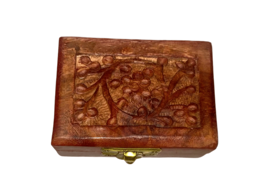 Hand carved wooden jewelry box with floral design