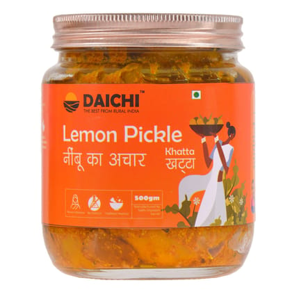 Daichi - Lemon Sour Pickle | Khatta Nimbu Ka Achaar | Crafted with love by women artisans | Sun cured | Cold-pressed mustard oil | In-house spices | No Preservatives 500gm (Pack of 1)