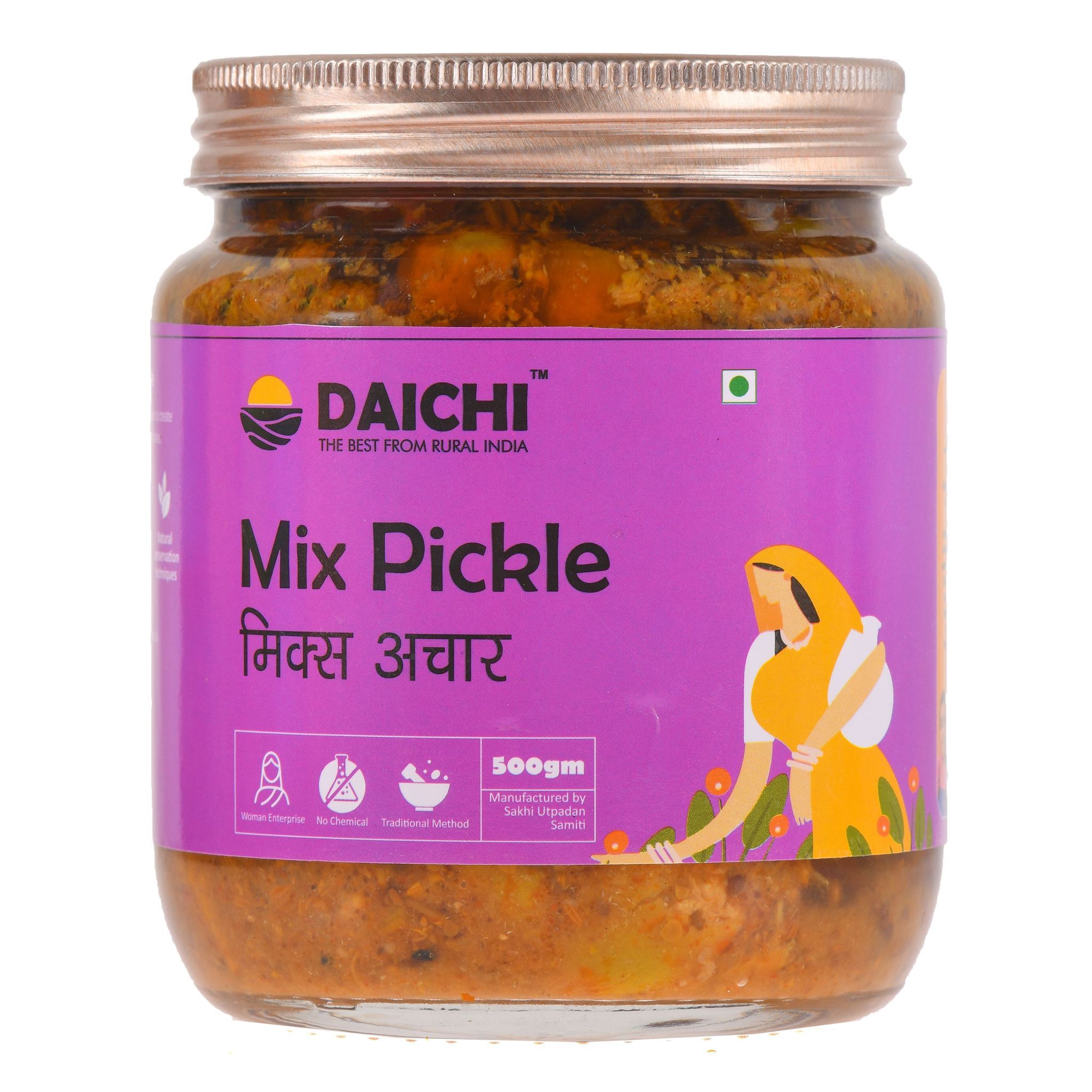 Daichi -Mix Pickle |  Crafted with love by women artisans | Sun cured | Cold-pressed mustard oil | In-house spices | No Preservatives 500gm (Pack of 1)